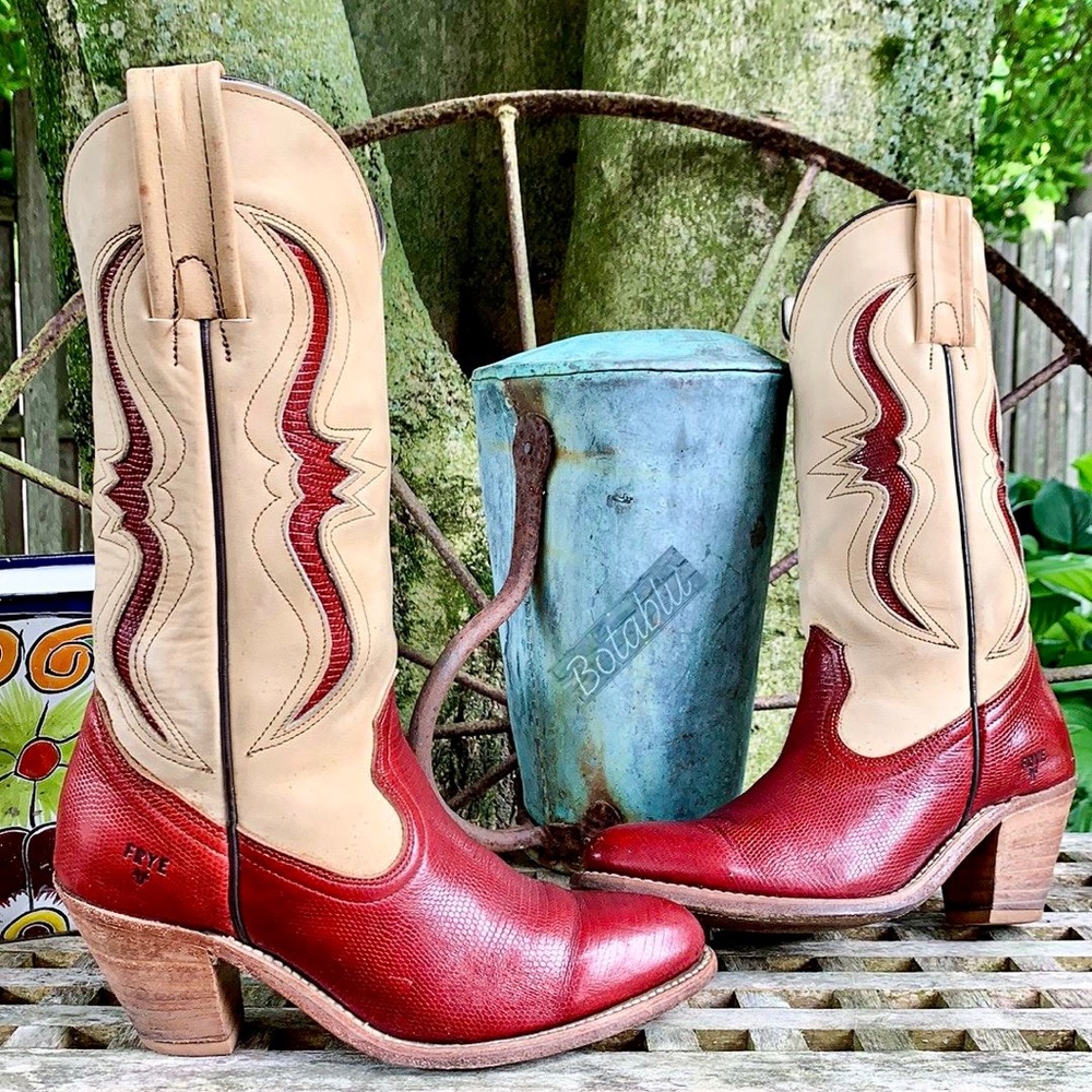 FRYE Vintage Red Lizard Leather Heeled Western Cowboy Boots—Made in USA, Size 7 - Picture 1 of 12